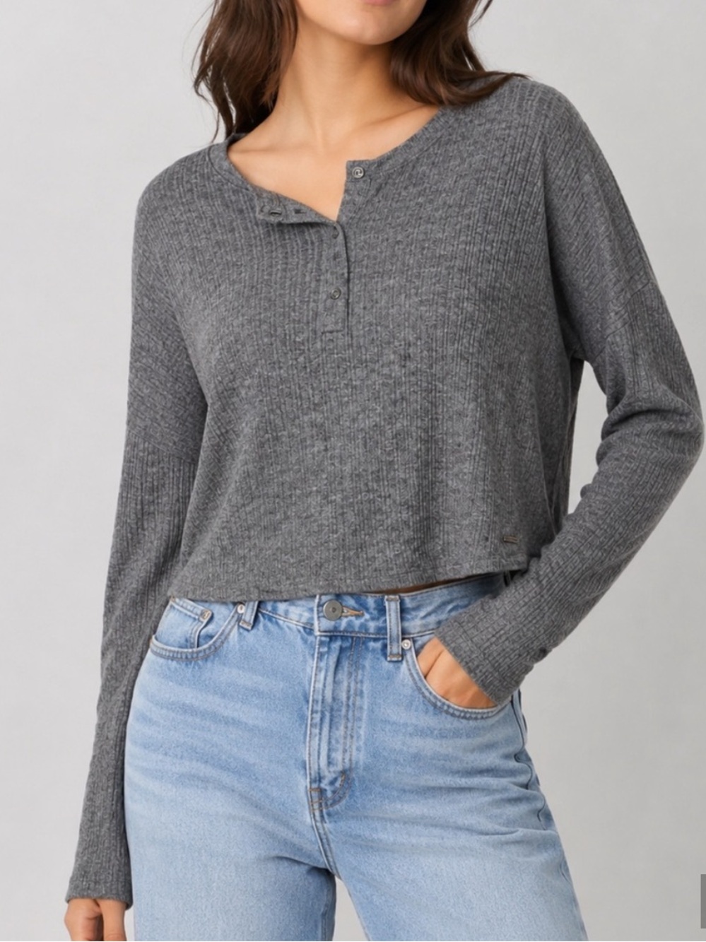 Hollister Gray Ribbed Henley Sweater